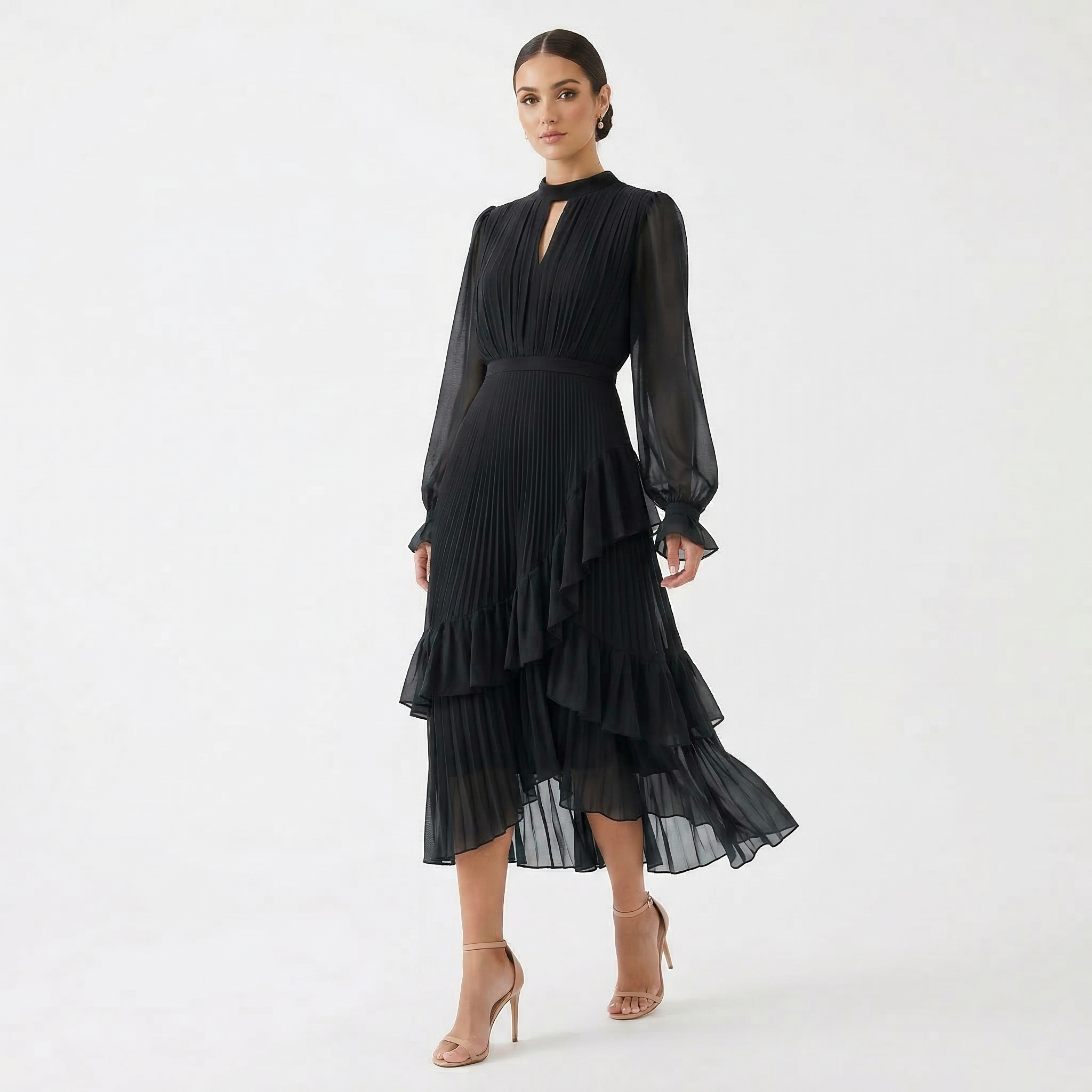 Mariana | Vestido Plissado com Mangas Fluídas e Folhos Assimétricos