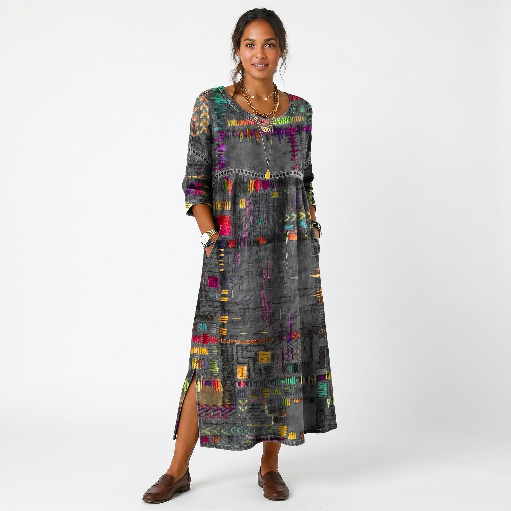 Amélia - Vestido Midi Padrão Abstrato