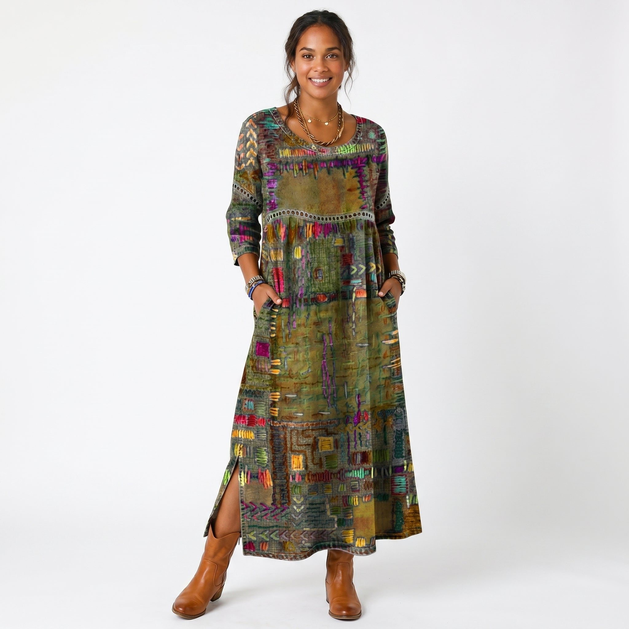 Amélia - Vestido Midi Padrão Abstrato