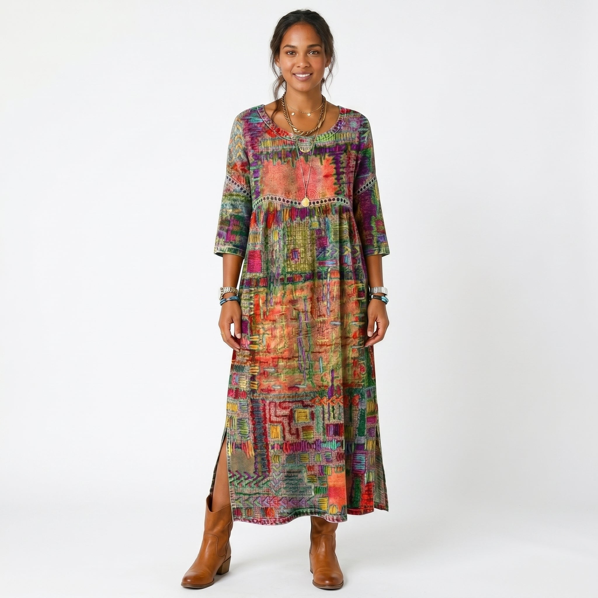 Amélia - Vestido Midi Padrão Abstrato
